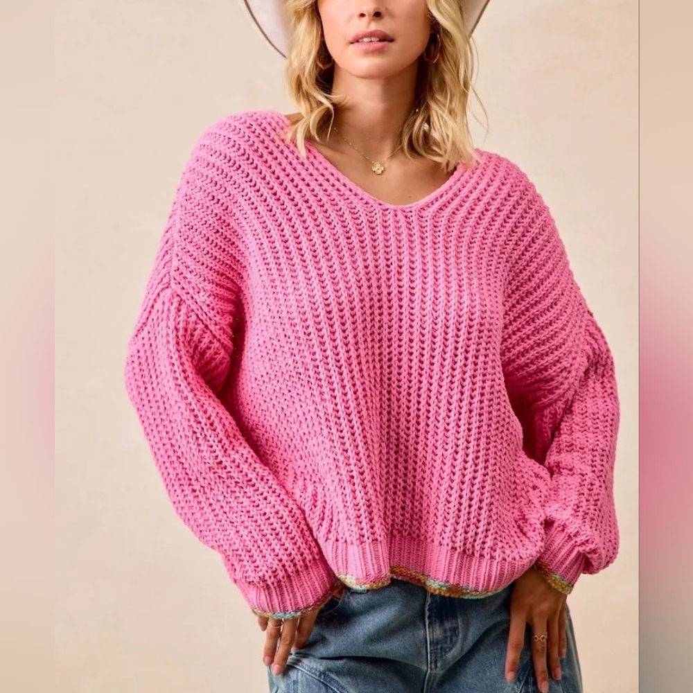 Pink V-Neck Crochet Knit Sweater Size Small